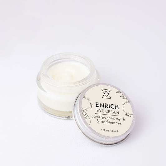 Enrich Eye Cream open jar with lid on a white background