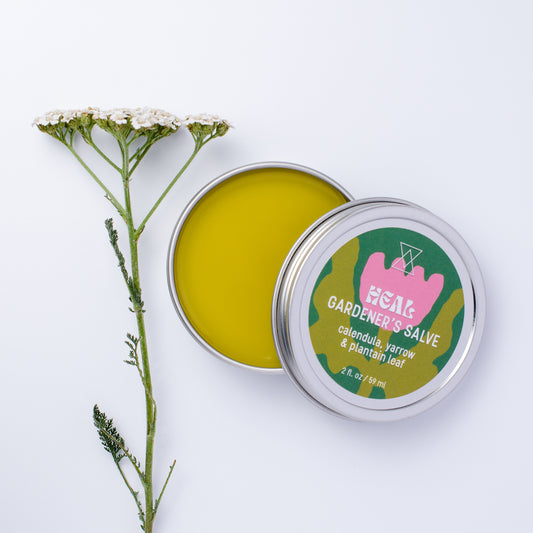 An open round metal tin of HEAL Gardener's Salve showing bright yellow-green balm inside, with the lid leaning against it. The label reads 'HEAL GARDENER'S SALVE' and a sprig of yarrow decorates the image.