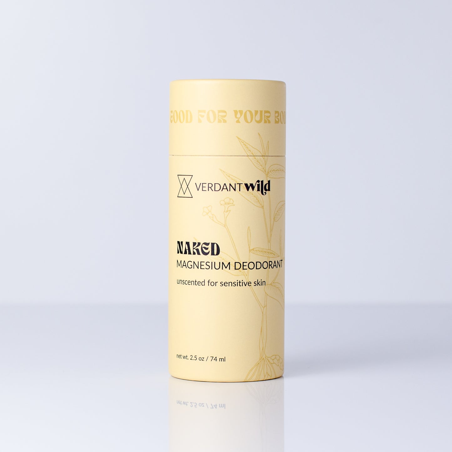 A cylindrical deodorant tube in a pale yellow color with black and gold text, featuring the brand name 'Verdant Wild' and the variant 'Naked Magnesium Deodorant', set against a clean white background with a soft reflection.