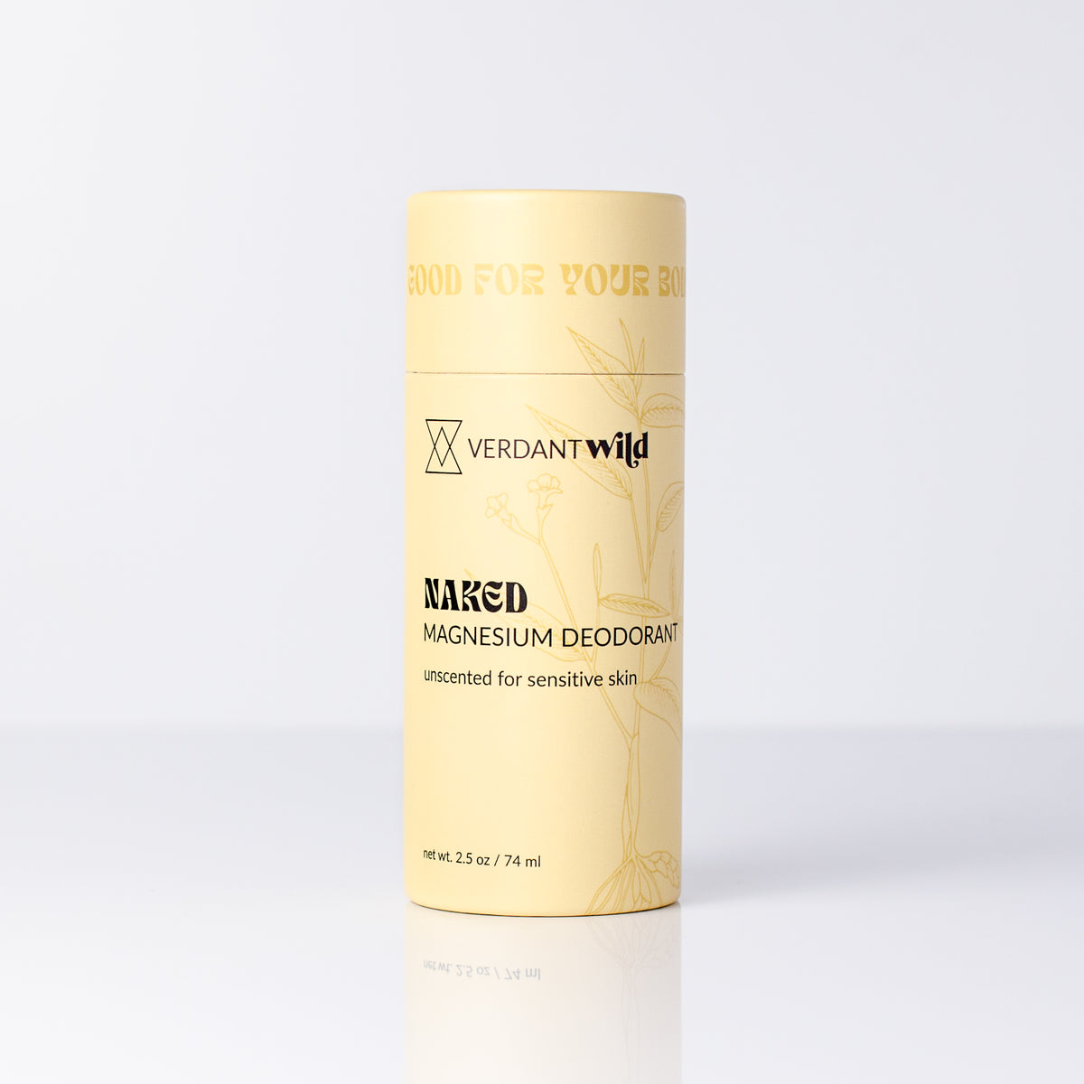 A deodorant stick container in a pale yellow color, featuring the brand name 'Verdant Wild' and the product name 'Naked Magnesium Deodorant' printed on the front, set against a clean white background with a soft reflection.