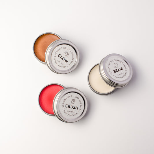 mineral makeup shimmer balms trio in blush, highlighter and bronzer, open