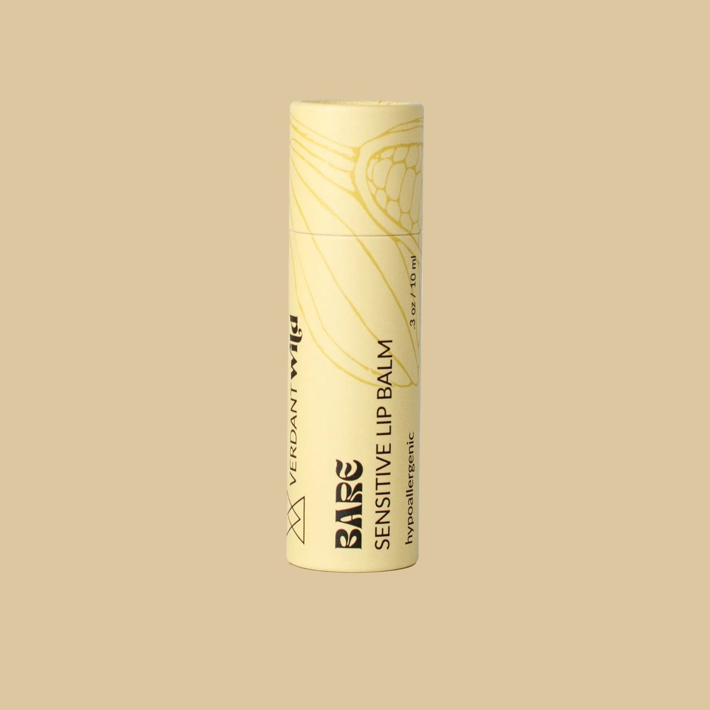 A single tube of Bare Sensitive Lip Balm in a pale yellow packaging with black text and line art, standing upright