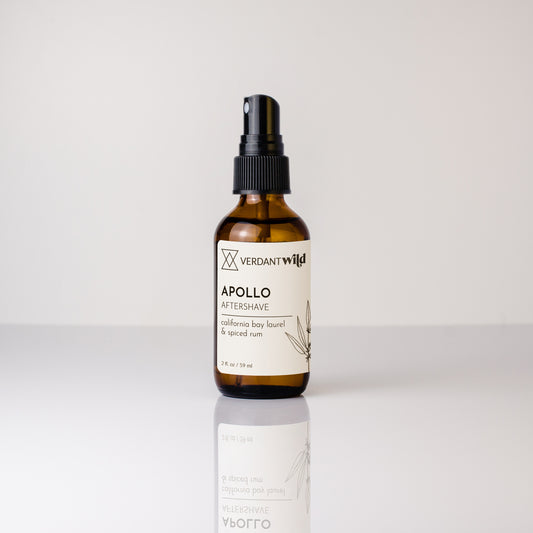 Bottle of Verdant Wild Apollo Aftershave on a white background