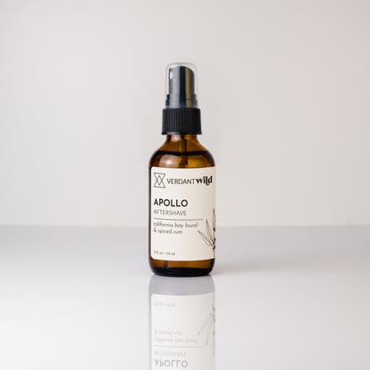Bottle of Verdant Wild Apollo Aftershave on a white background