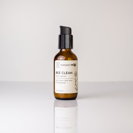 Bottle of Verdant Wild Bee Clean Face Wash on a white background