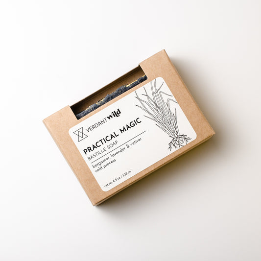 Verdant Wild Practical Magic bastille soap in a cardboard packaging on a white background
