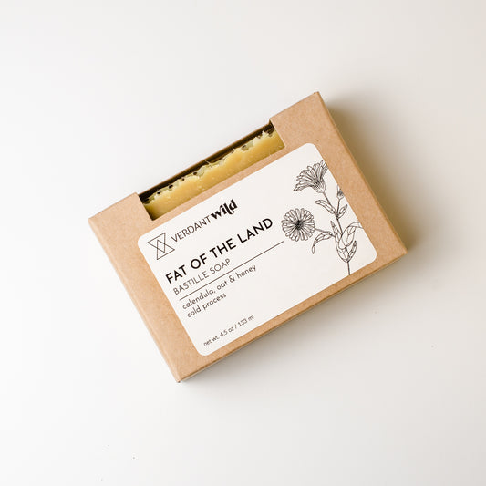 Bar of soap in a brown cardboard box with a label on a white background