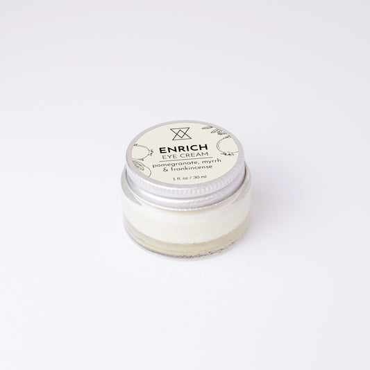 Small jar of eye cream labeled 'Enrich' on a white background
