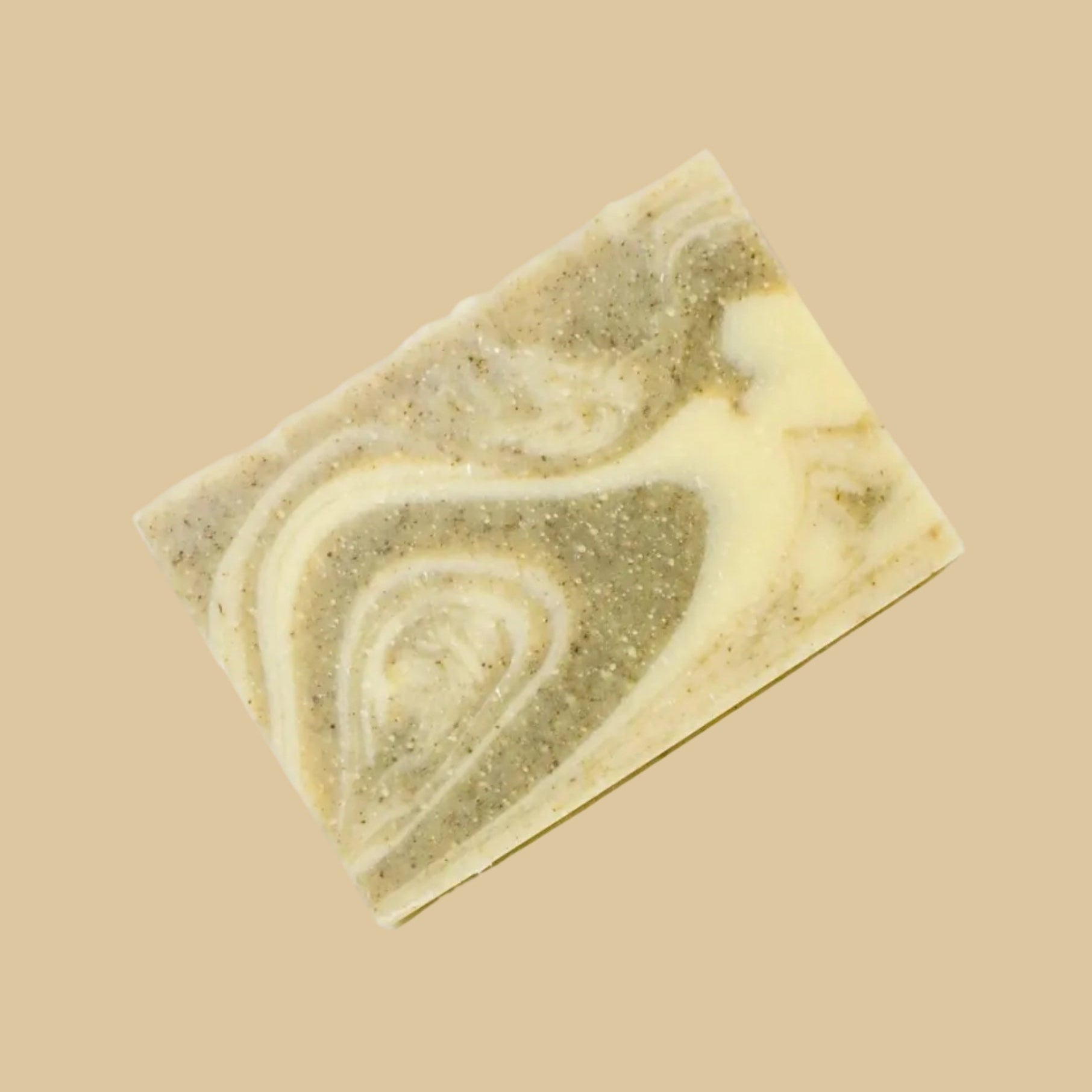A rectangular bar of handmade soap with a marbled swirl pattern of olive green and cream, photographed on a clean background.