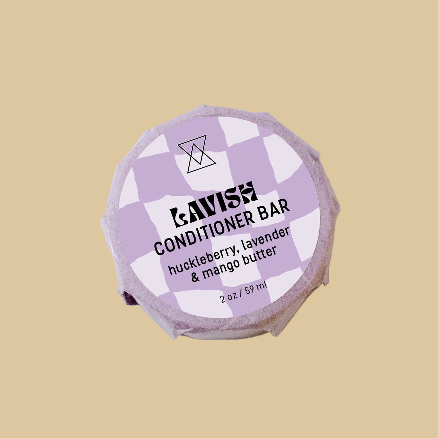 A lavender and white checkered Conditioner Bar wrapped in paper, labeled 'huckleberry, lavender & mango butter' on a clean background.