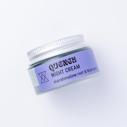 A small clear jar of Quench Night Cream with a blue label and silver lid, photographed on a clean white background.
