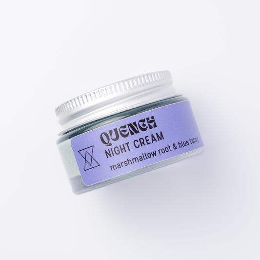 A small clear jar of Quench Night Cream with a blue label and silver lid, photographed on a clean white background.