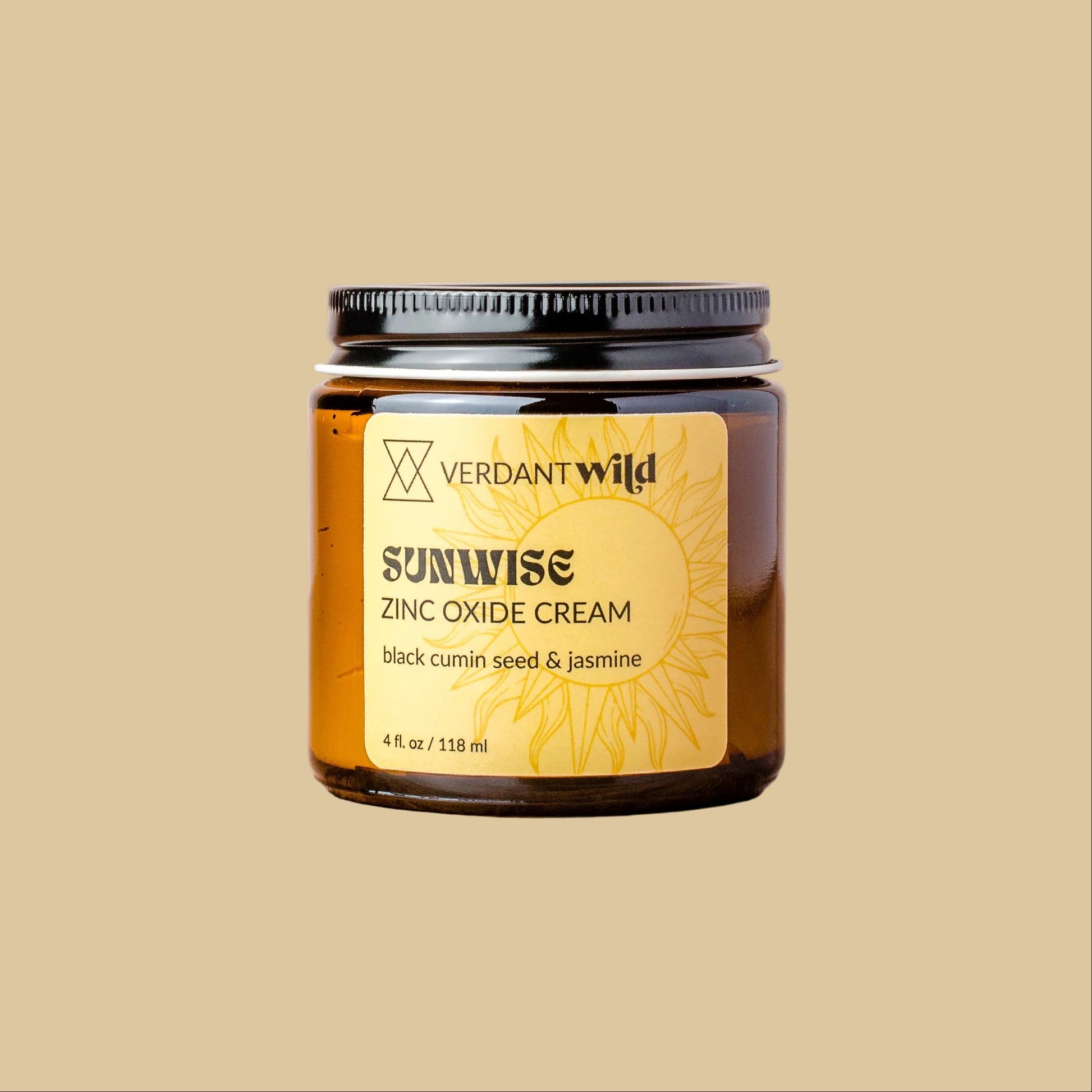 Jar of Verdant Wild Sunwise Zinc Oxide Cream on a beige background