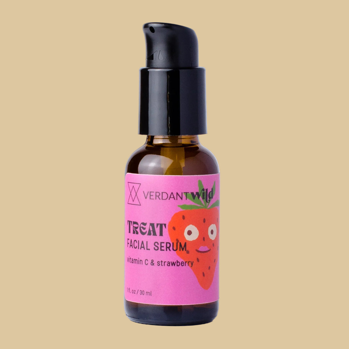 A small amber glass bottle of Verdant Wild Treat vitamin C Facial Serum with a black pump and a bright pink label featuring a cartoon strawberry, centered on a clean white background.
