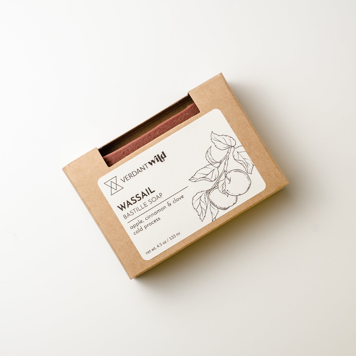 Wassail soap in a brown cardboard box with a label on a white background