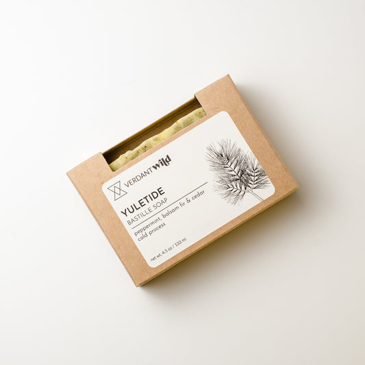 Yuletide soap in a brown cardboard box with a label on a white background