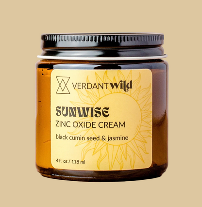 Jar of Verdant Wild Sunwise Zinc Oxide Cream on a beige background